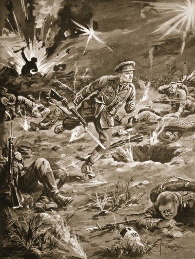 Porucznik Geary spieszący pod ciężkim ostrzałem pocisków do rowu po prawej stronie wzgórza 60, aby skontaktować się z oficerem autorstwa Edgar Alfred Holloway