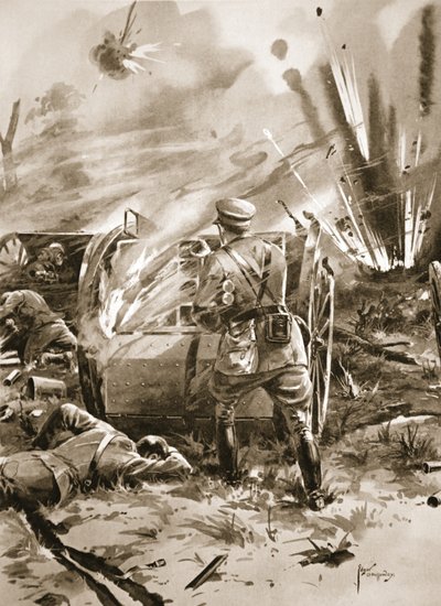 Major Warren usuwa naboje z płonącego wozu amunicyjnego na wielkie osobiste ryzyko autorstwa Edgar Alfred Holloway