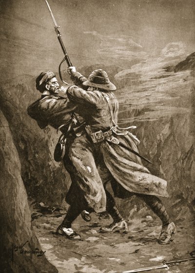 Szeregowy Lavin zmaga się z tureckim bombowcem w brytyjskim sapie w zatoce Suvla w Gallipoli autorstwa Edgar Alfred Holloway