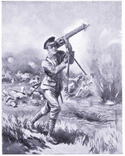 Szeregowy Lynn niosący karabin maszynowy do naprawy pod ciężkim ostrzałem w bitwie pod Aisne. Odznaczony DCM 1915 autorstwa Edgar Alfred Holloway
