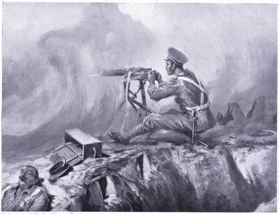 Szeregowy Lynn umiera na zatrucie gazem, służy karabinem maszynowym i odpiera niemiecki atak. Ypres kwiecień 1915 autorstwa Edgar Alfred Holloway