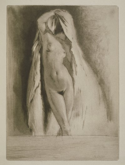 Kobieta udrapowana w prześcieradło, ilustracja do „Mitsou” Sidonie-Gabrielle Colette (1873-1954) opublikowana w 1930 r. (akwaforta i sucha igła) autorstwa Edgar Chahine