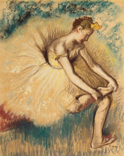 Tancerka zakładająca but; Tancerka wiążąca buta, 1896 autorstwa Edgar Degas