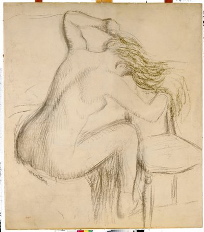 Siedząca naga kobieta stylizująca włosy autorstwa Edgar Degas