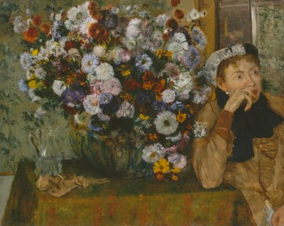 Kobieta siedząca obok wazonu z kwiatami autorstwa Edgar Degas