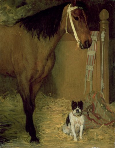 W stajni, koń i pies, ok. 1862 r. autorstwa Edgar Degas