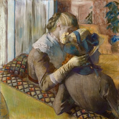 U fashionistki. Klient przymierza kapelusz autorstwa Edgar Degas