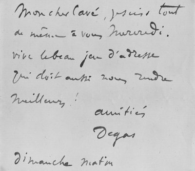 List z autografem do Alberta Boulanger-Cave autorstwa Edgar Degas