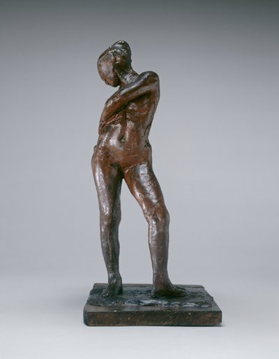 Tancerka zapinająca sznurek w jej rajstopach, ok. 1885-1890 (barwiony wosk pszczeli, plastelina, metalowa armatura, korek, na drewnianej podstawie) autorstwa Edgar Degas
