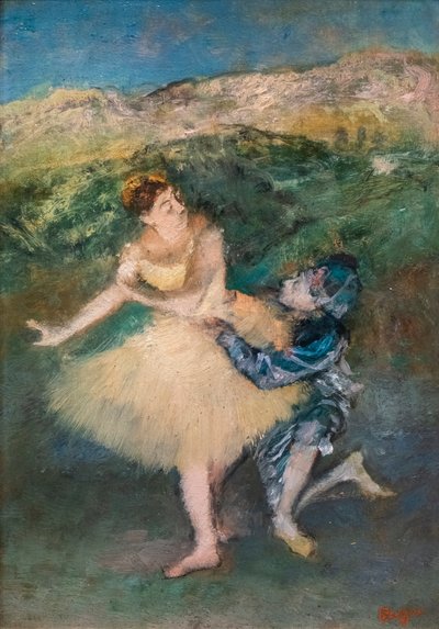 Arlekin i Colombina. Około 1895 r. Olej na drewnie. autorstwa Edgar Degas