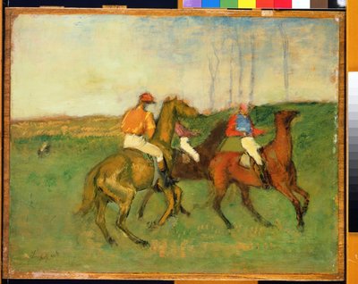 Dżokeje i konie wyścigowe, ok. 1890-95 autorstwa Edgar Degas