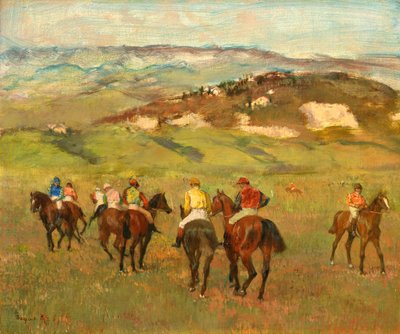 Dżokeje na koniu przed odległymi wzgórzami, 1884 autorstwa Edgar Degas