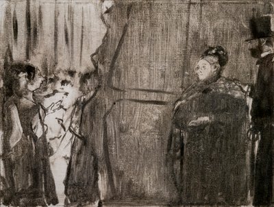 Spotkaj się za kulisami Ludivic Halevy i Madame Cardinal. Około 1876-1877. Monotyp ma czarny tusz. autorstwa Edgar Degas