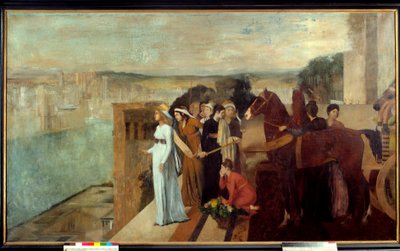 Semiramis budująca Babilon Semiramis (Semiramide), legendarna królowa Asyrii i Babilonii, kontempluje nad brzegiem Eufratu miasto, które stanie się jednym z Siedmiu Cudów Świata. Obraz Edgara Degasa (1834-1917) 1861 Nd. 1,51x2,58 autorstwa Edgar Degas