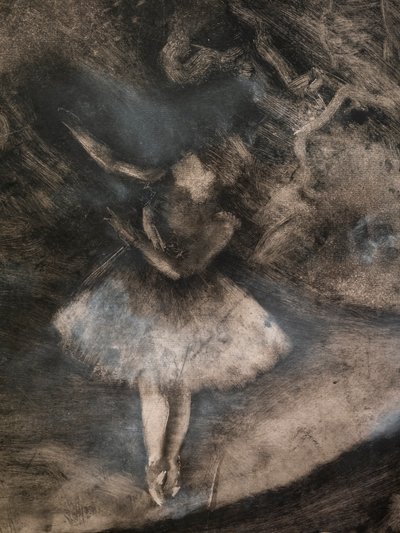 Master of Ballet (detal) (wykonany we współpracy z Ludoviciem Lepicem). 1876. Monotypia w czarnym tuszu z białymi kredowymi refleksami autorstwa Edgar Degas