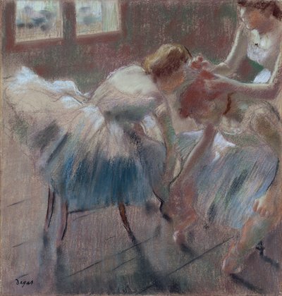 Trzech tancerzy przygotowuje się do zajęć, ok. 1880 (pastel na płowożółtym papierze plecionym) autorstwa Edgar Degas