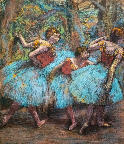 Trzech tancerek (niebieskie spódnice, czerwone gorsety). Około 1903. Pastel na kleju papierowym na tekturze. autorstwa Edgar Degas