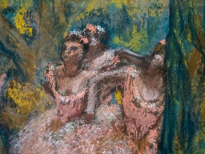 Trzech tancerek w łososiowych spódnicach (detal). 1904-1906. Pastel na papierze maruflowym na tekturze. autorstwa Edgar Degas