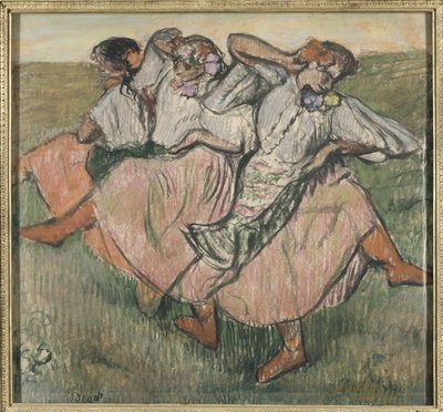 Trois danseuses russes - Trzech rosyjskich tancerzy, autorstwa Degasa, Edgara (1834-1917). Pastel na papierze, koniec lat 90. XIX wieku. Wymiar : 62x67 cm. Muzeum Narodowe w Sztokholmie autorstwa Edgar Degas