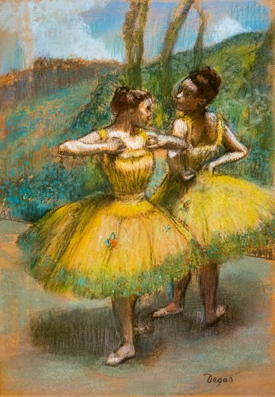 Dwóch tancerzy w kolorze żółtym. Około 1896. Pastel i węgiel na dwóch paskach papieru. autorstwa Edgar Degas