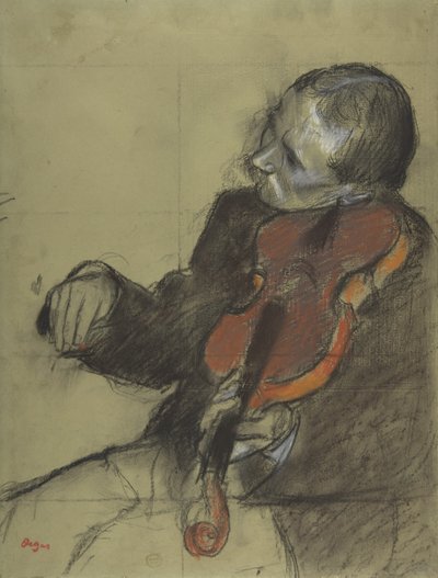 Skrzypek, Studium do lekcji tańca, 1878-79 (pastel i węgiel na zielonym papierze tkanym) autorstwa Edgar Degas