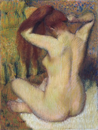 Kobieta czesząca włosy, ok. 1888-90 (pastel na jasnozielonym papierze plecionym przymocowanym do uchwytu) autorstwa Edgar Degas