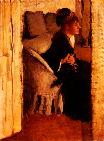 Kobieta zakładająca rękawiczki (olej na płótnie) autorstwa Edgar Degas