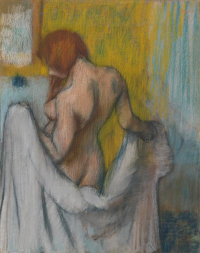 Kobieta z ręcznikiem, 1894 lub 1898 (pastel na kremowym papierze plecionym z czerwonymi i niebieskimi włóknami) autorstwa Edgar Degas