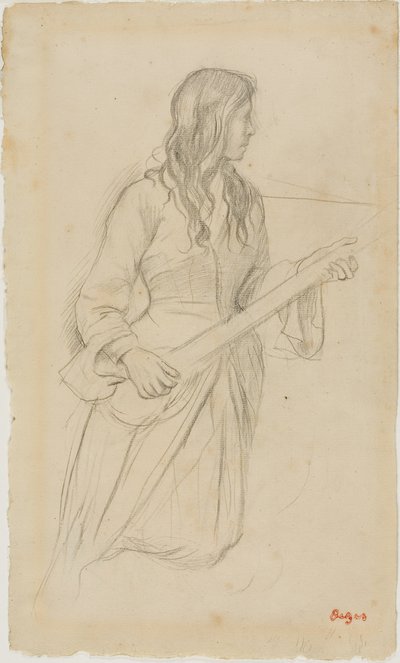 Młoda kobieta grająca na mandolinie, studium do portretu młodej kobiety. Fiocre w balecie „La Source” autorstwa Edgar Degas