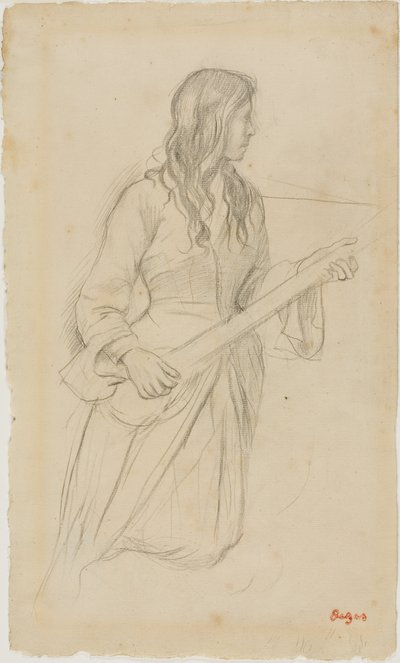 Młoda kobieta grająca na mandolinie, studium do portretu Mlle. Fiocre w balecie "La Source" autorstwa Edgar Degas