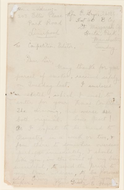 List do redaktora konkursu prasowego, 1914-18 autorstwa Edgar Fryer