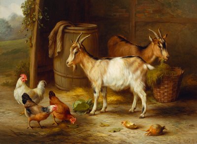 Kury i kozy przy drzwiach stodoły autorstwa Edgar Hunt