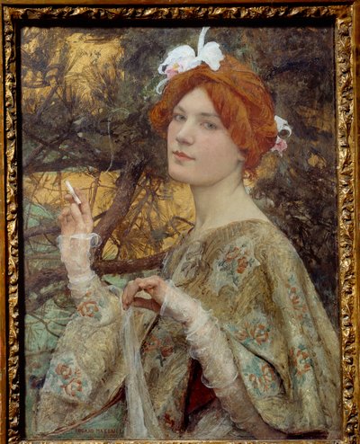Młoda ruda kobieta trzymająca papierosa w dłoni i nosząca orchideę we włosach autorstwa Edgar Maxence