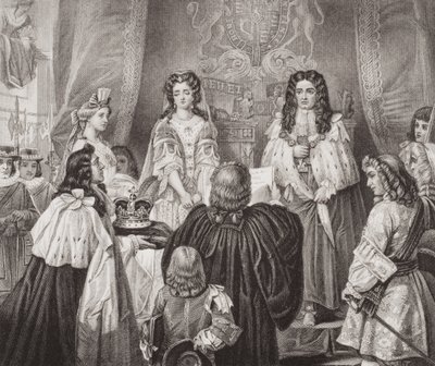 Korona ofiarowana Williamowi i Marii przez Lords and Commons w Whitehall, 12 lutego 1689, z „Illustrations of English and Scottish History” Tom II autorstwa Edgar Melville Ward