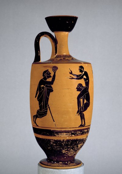 Strychowy czarnofigurowy lekythos ozdobiony starcem rzucającym piłkę do młodzieńca, ok.500 pne (ceramika) autorstwa Edinburgh Painter