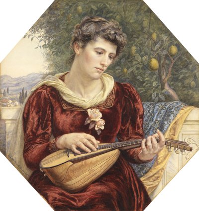 Touching the Strings, 1886 (ołówek, wc, kolor nadwozia i guma arabska z wydrapaniem) autorstwa Edith Martineau