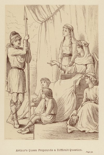Królowa Artura zadaje trudne pytanie (litografia) autorstwa Edith Scannell