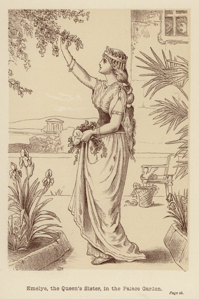 Emelye, siostra królowej, w ogrodzie pałacowym (litografia) autorstwa Edith Scannell