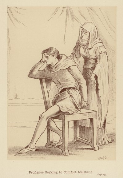 Roztropność próbująca pocieszyć Melibeusa (litografia) autorstwa Edith Scannell