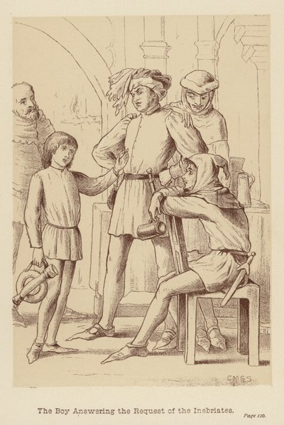 Chłopiec odpowiadający na prośbę nietrzeźwych (litografia) autorstwa Edith Scannell