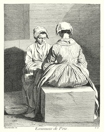 Łuskacze grochu (grawerowanie) autorstwa Edmé (after) Bouchardon