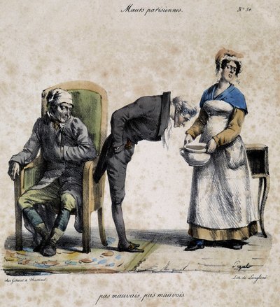 Chory, lekarz patrzący w garnek i służący. Rysunek przedstawiający paryskie obyczaje Pigala (XIX w.), zachowany w Musee Dobree w Nantes. autorstwa Edme Jean (after) Pigal