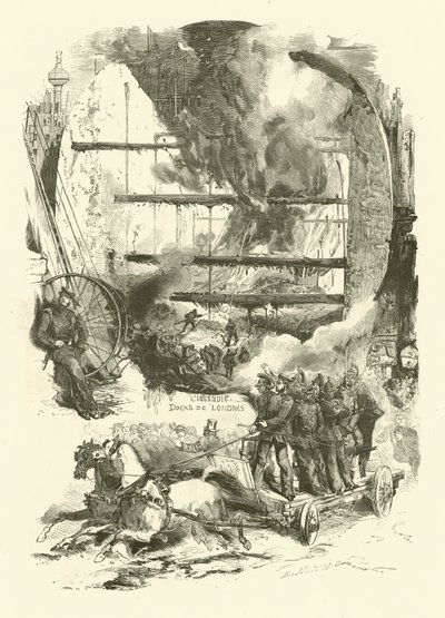 Pożar w dokach Londynu (grawerowanie) autorstwa Edmond (after) Morin