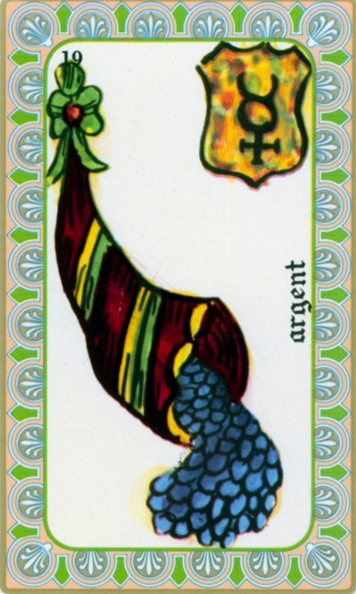 tarot autorstwa maga Belline’a narysowany przez Edmonda Billaudota ok. 1845 i przekazany jasnowidzowi Bellinowi do ponownego wydania: karta pieniężna: monety w rogu obfitości autorstwa Edmond Billaudot