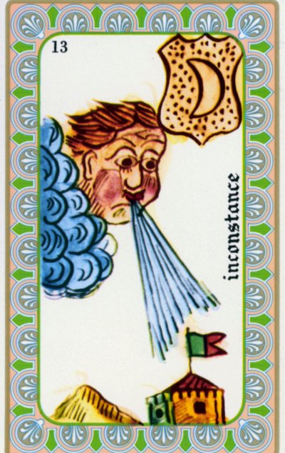 tarot autorstwa maga Belline’a narysowany przez Edmonda Billaudota ok. 1845 i przekazany jasnowidzowi Bellinowi do ponownego wydania: karta zmienności: wieje wiatr autorstwa Edmond Billaudot