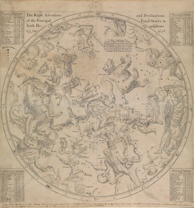 Prawe górowanie i deklinacje głównych gwiazd stałych na obu półkulach do roku 1678 autorstwa Edmond Halley