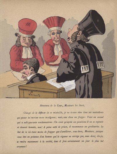 Scena sądowa (litografia kolorowa) autorstwa Edmond Lavrate