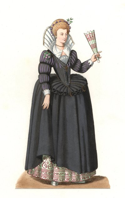 Francuzka za panowania króla Henryka III (1551-1589) - Litografia na podstawie ilustracji Edmonda Lechevallier-Chevignarda (1825-1902), z „Costumes historiques des 16th autorstwa Edmond Lechevallier Chevignard
