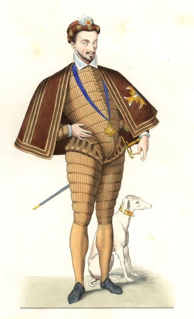 Król Francji Henryk III (1551-1589), noszący naszyjnik Zakonu Ducha Świętego - Litografia według ilustracji Edmonda Lechevallier-Chevignarda (1825-1902), z „Costumes historiques des 16th autorstwa Edmond Lechevallier Chevignard