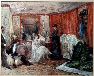 Komik teatralny Hortense Schneider (1833-1920), kochanka Jacquesa Offenbacha (1819-1890), reprezentuje po lewej w swojej garderobie w Theater des varietes. Akwarela Edmonda Morina (1824-1882) 1873 Compiegne, Muzeum Zamkowe autorstwa Edmond Morin